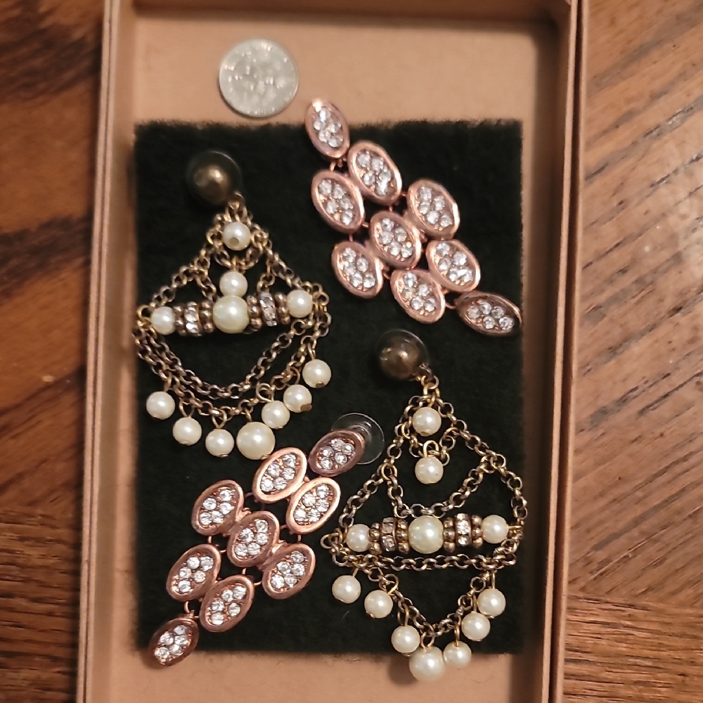 Elegant Brass and Pearl Drop Earrings And A Rose Gold Rhynstone Set Of Earings